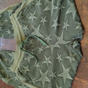 KORI AMERICA I Woven Knit Star Pattern Olive Green Drawstring Jogger Pants, S